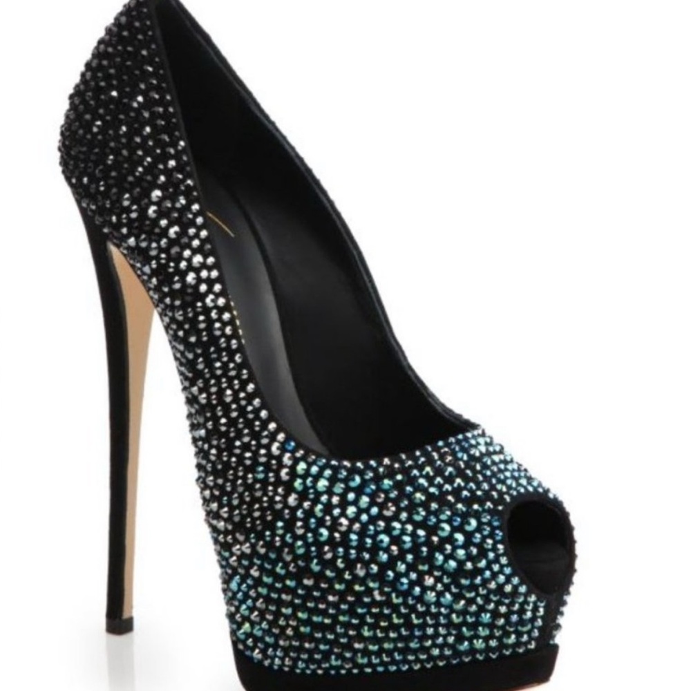 Giuseppe Zanotti Black and Blue Crystal Peep Toe Heels Brand New Size 37, Italy